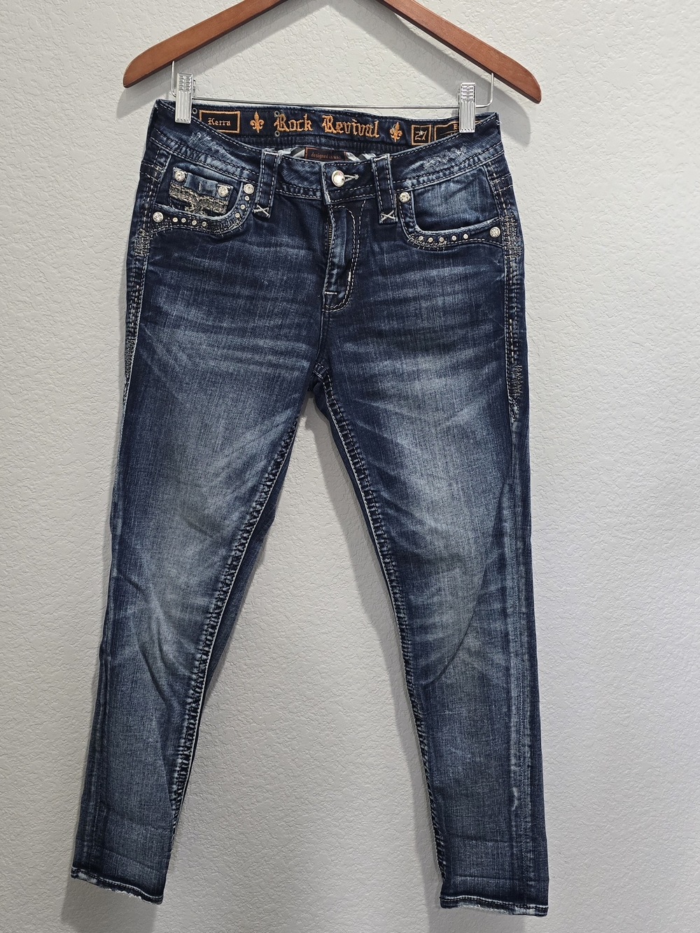 Rock Revival Kendra Skinny Jeans Women’s 27 Blue Studded Bling Low Rise Stretch